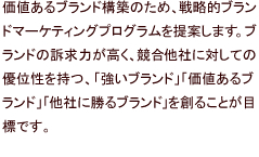 価値あるブランド構築のため、戦略的ブランドマーケティングプログラムを提案します。ブランドの訴求力が高く、競合他社に対しての優位性を持つ、「強いブランド」「価値あるブランド」「他社に勝るブランド」を創ることが目標です。
